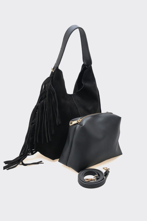 SÇ487 Siyah Süet Hakiki Deri Kol Kadın Çanta