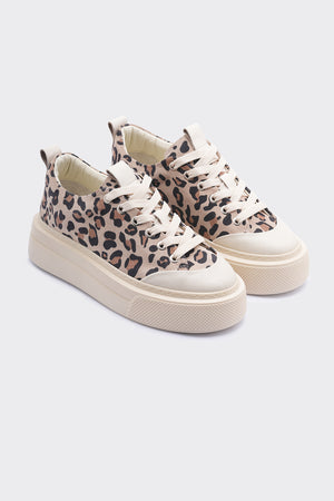 Amber  Bej  Hakiki  Süet Deri Leopar Detaylı Bağcıklı Kadın Sneaker