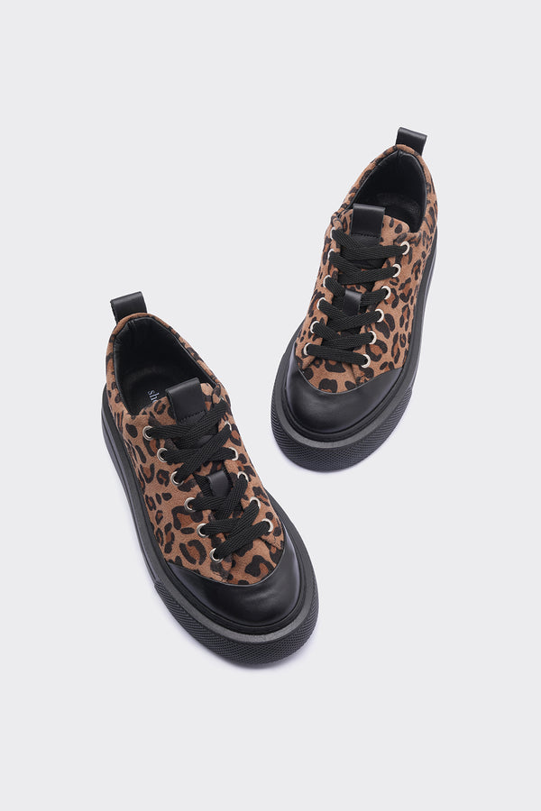 Amber  Taba Hakiki  Süet Deri Leopar Detaylı Bağcıklı Kadın Sneaker