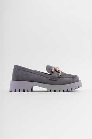 Tina Gri Süet Taşlı Toka Deaylı Kadın Loafer