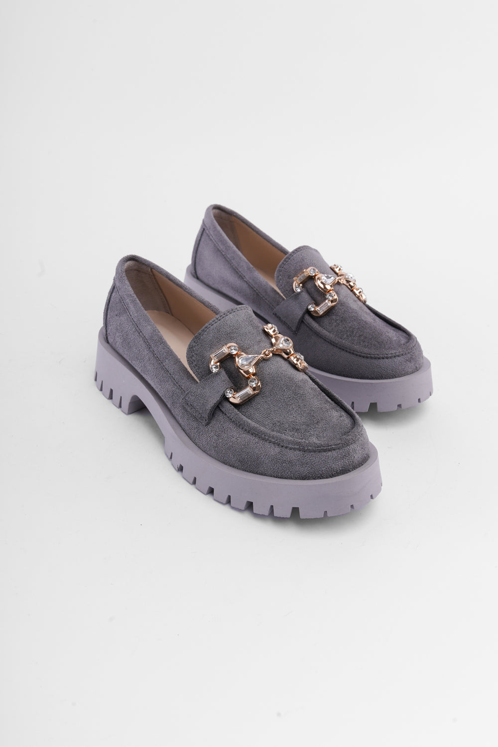 Tina Gri Süet Taşlı Toka Deaylı Kadın Loafer