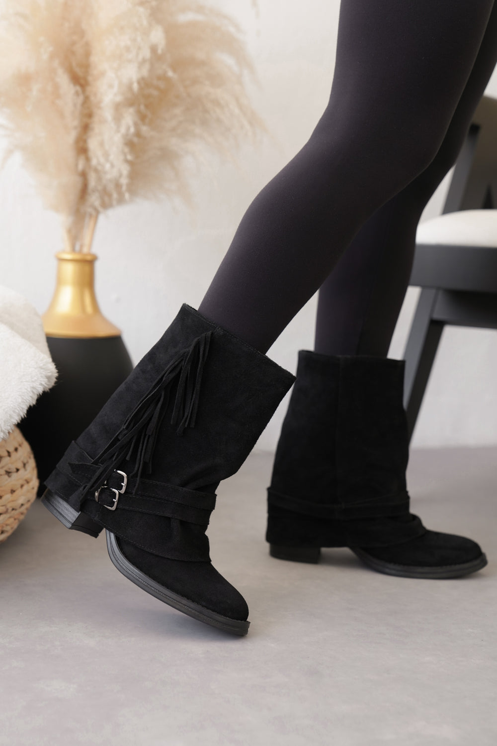 Leros Siyah Hakiki Deri Süet  Kadın Bot