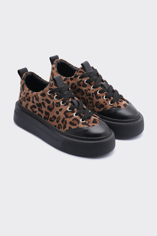 Amber  Taba Hakiki  Süet Deri Leopar Detaylı Bağcıklı Kadın Sneaker