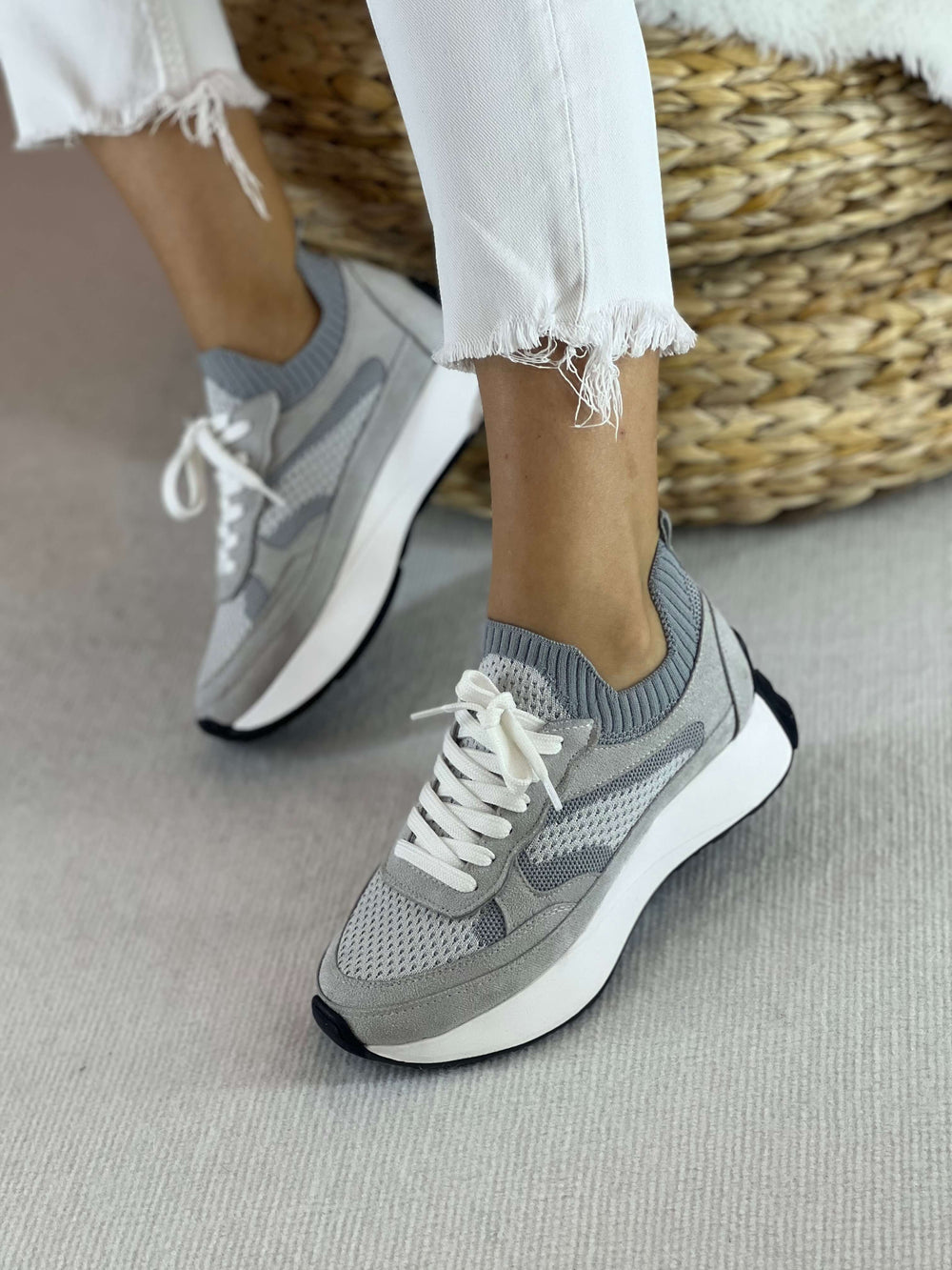 Terry Gri Triko Bağcıklı Kadın Sneaker