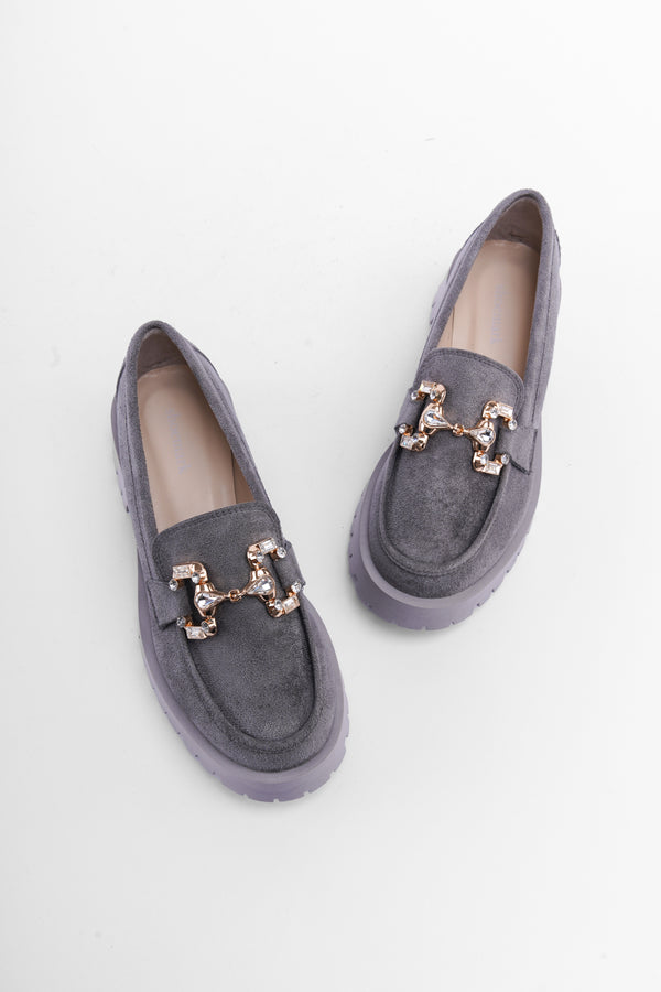 Tina Gri Süet Taşlı Toka Deaylı Kadın Loafer